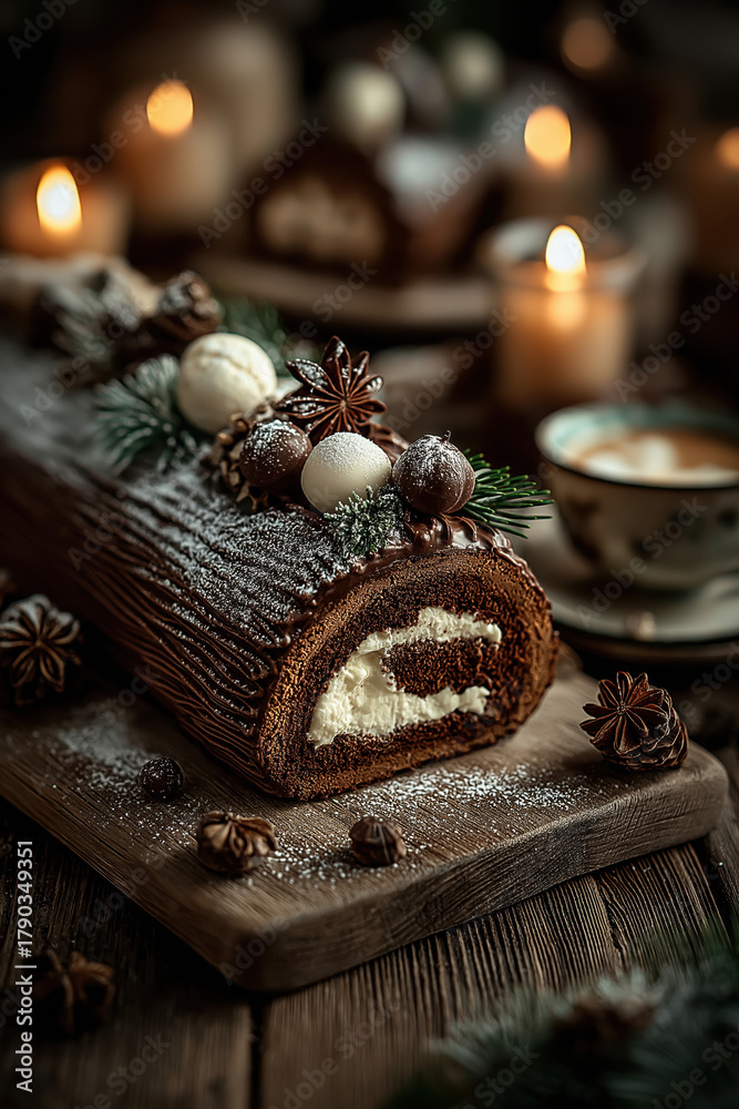 Naklejka premium Bûche de Noël au chocolat décorée de crème et de fruits confits, dessert festif et gourmand sur une table illuminée, ambiance chaleureuse de fête