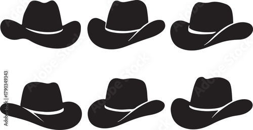 Six identical classic black cowboy hat silhouettes arranged neatly in two rows on a clean white background, iconic western style graphic elements.