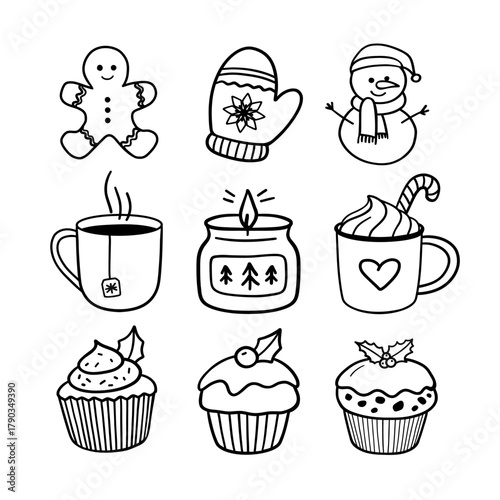 Christmas vector coloring page with snowman, muffins and cocoa. Vector Christmas doodles.