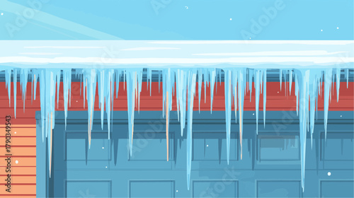 Icicles hanging from a garage door on a cold winter day, flat naive vector illustration for seasonal packaging, decor or poster, clean geometric composition