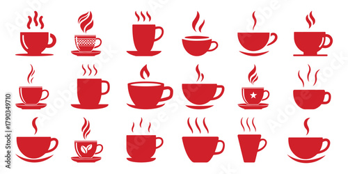Collection of Red Coffee Cups with Steam Icons
