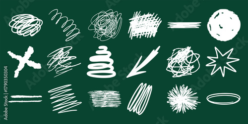 Collection of White Hand-Drawn Scribble and Doodle Elements on Green Background