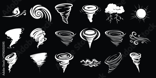 Collection of White Tornado, Cyclone, and Weather Icons on Black Background