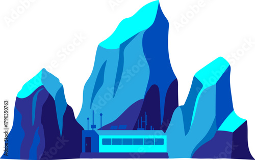 vector illustration small arctic research station center of blue gradient icebergs and rocky mountains minimalist geometric style