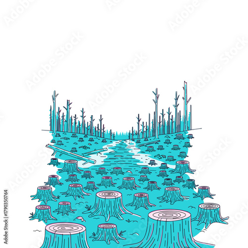 Deforestation landscape showing tree stumps and environmental impact  