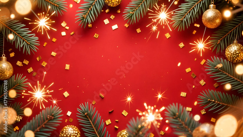 Christmas decorative frame with fir branches and gold glitter confetti on a red background. Bright Christmas and New Year holiday frame with copy space.