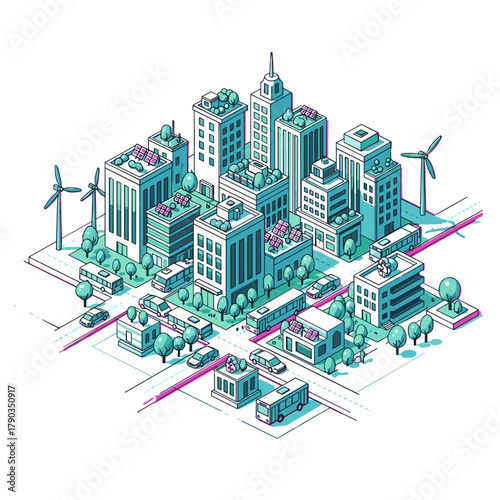 Eco-friendly city with buildings and electric transport concept of Climate Change  