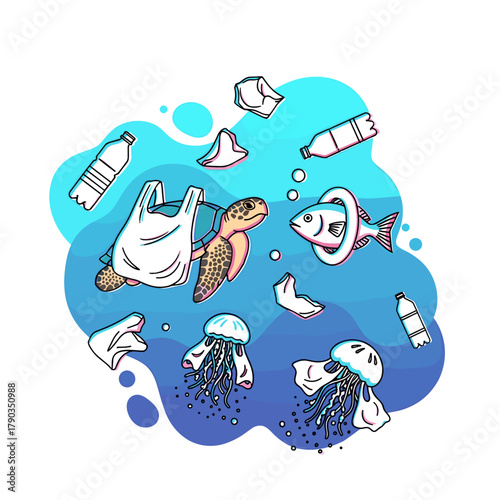 Marine life affected by plastic pollution in ocean concept of Climate Change  