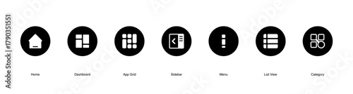 Flat UI UX Icons.Dashboard, Menu, and Category Symbols.
