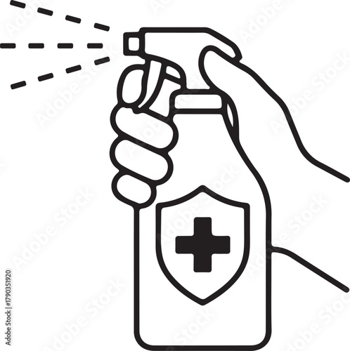 Hand spraying sanitizing solution from a shield-labeled bottle, symbolizing germ protection, hygiene, and health safety practices.