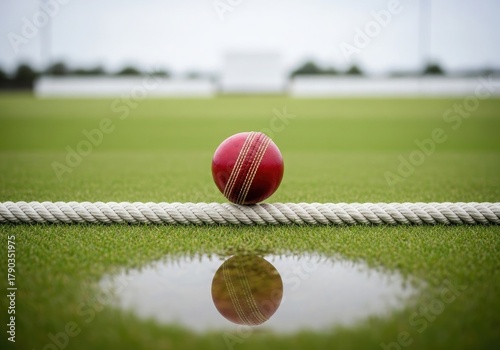 Cricket sport Red ball lies on rope of cricket boundary line with reflection in puddle close up shot on green pitch at stadium under overcast cloudy weather