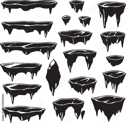 Collection of isolated frozen platforms, ice floes, and sharp icicles with dripping shapes for winter landscapes and arctic scenes vector art