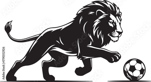 Powerful lion playing soccer with a ball
