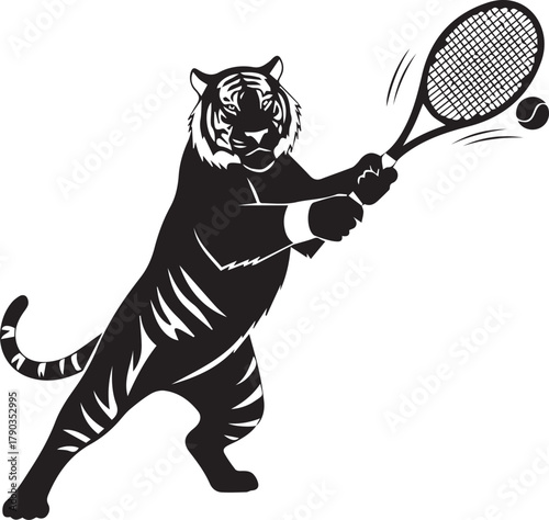 Tiger playing tennis hitting a tennis ball with a racket