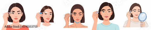 Cartoonish Young Woman Plucking her Eyebrows Illustration Various Poses Set
