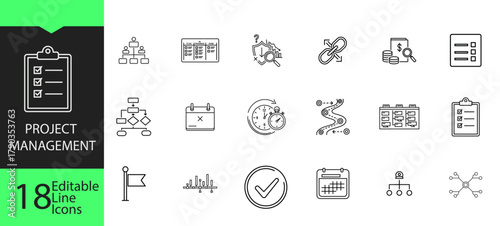 Project management and workflow editable line icon set