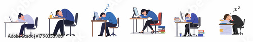 Flat Illustration of Burnout Exhausted Office Worker or Employee Sleeping at Desk
