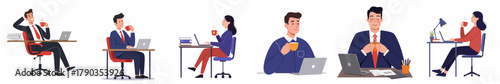 Flat Style Diverse Business People Working at Desk Illustration Set