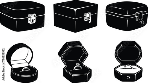 Ring box silhouette set, jewelry packaging icons, diamond ring illustrations, open and closed box designs, black and white vector collection