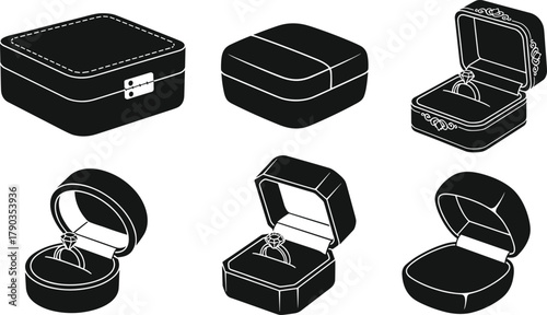 Ring box vector set, black and white jewelry packaging, open and closed cases, diamond ring display, silhouette illustration collection