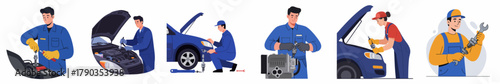 Flat Style Detailed Mechanics Repairing Car Illustration with Different Poses