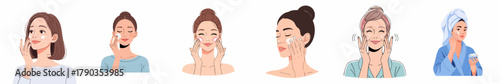Flat Style Woman Beauty Face Care Skincare Routine Illustration Set