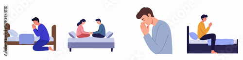 Flat Illustration Collection Showing People Praying and Contemplating on Bed