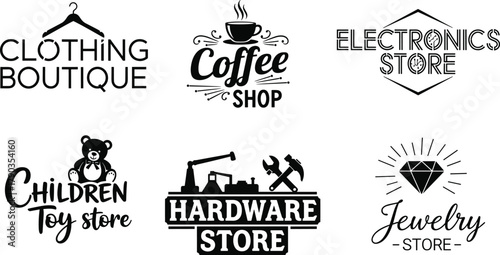 Retail store logos, clothing boutique, coffee shop, electronics store, toy shop, hardware store, jewelry store, business branding, signage, icons