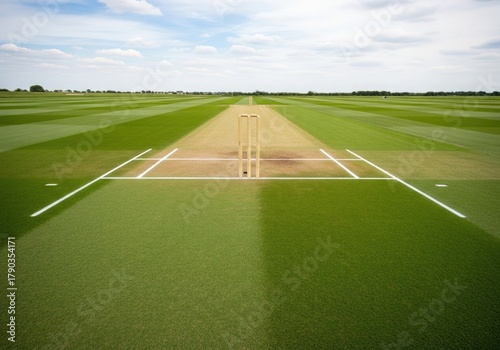 Cricket sport, far off the pitch marked out on a green field with a cloudy sky background, showing the layout and setup for an outdoor sport