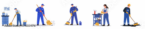 Flat Illustration of Professional Cleaning Staff Sweeping and Mopping the Floor
