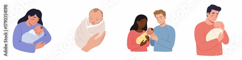Flat Style Various Parents Holding Newborn Baby Child Illustration Set
