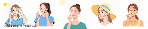 Illustration Set of Woman Applying Sunscreen Protection For Beautiful Skin