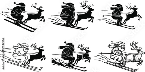 Reindeer pulling skier in winter landscape, silhouette and cartoon styles, festive holiday scene, snow sports, Christmas, Nordic tradition, fun