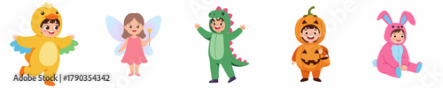 Cheerful Flat Illustration Group of Children Wearing Various Halloween Costumes