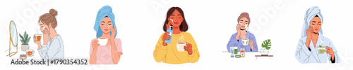 Diverse Handdrawn Skincare Routine Illustration Set of Beautiful Young Woman