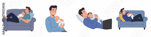 Flat Illustration Set of Father Holding Newborn Baby on Sofa