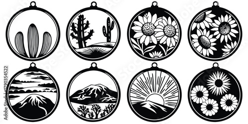 Set of dry season theme icons with different nature scenes in elegant black and white, perfect for any designs