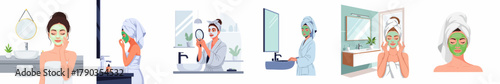 Colorful Flat Illustration of Woman with Face Mask in Bathroom Routine