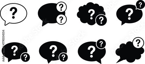 Question mark speech bubble icon set, FAQ communication symbol, help and support chat concept for website and app design.