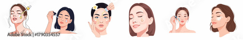 Elegant Handdrawn Beauty Treatment and Skincare Routine Illustration of Female Face