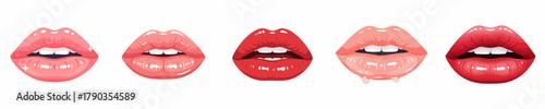 Glossy Detailed Various Colors Lipstick Lips Set Isolated Illustration