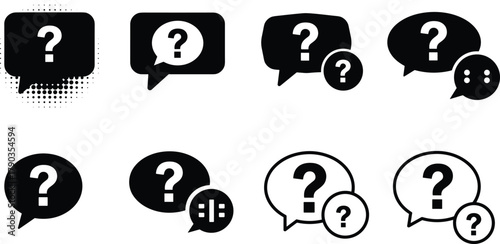 Question mark chat bubble icon set, communication and help concept, FAQ support symbol for website, app, and customer service design.