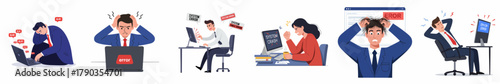 Flat Style Stressed Business People Working Overtime in Office Illustration