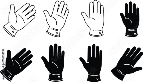 Protective gloves vector set, black and white safety glove illustration, hand protection equipment design for work, industry, and cleaning use
