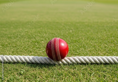 Cricket sport, Red Ball Rests on White Rope Boundary on Green Lawn of Sporting Arena on a Sunny Day for Leisure Activities.