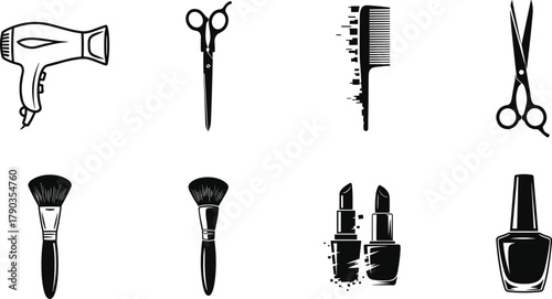 Professional hair salon and makeup beauty tools black vector icons set, including scissors, hair dryer, comb, brush, lipstick, nail polish, isolated on white background