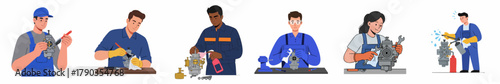 Flat Illustration of Diverse Mechanics Repairing Car Engines and Car Parts