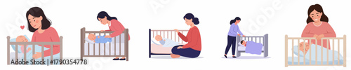 Cartoon Illustration of a Caring Mother with Baby in Crib Set
