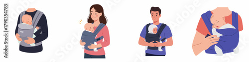 Flat Illustration of Mother and Father Carrying Baby in Sling