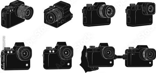 Professional digital camera vector set, black and white photography equipment illustration, modern lens device icons, technology and gadget collection